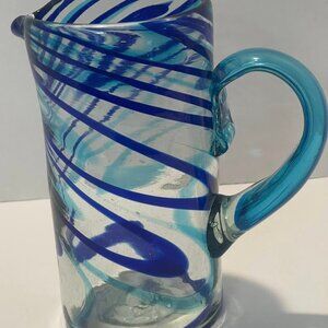Vintage hand blown cobalt blue and clear glass pitcher 10"~~no nicks or cracks
